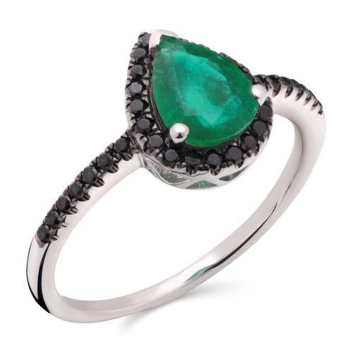 Anel em Ouro Branco 18k Gota de Esmeralda e Diamantes Negros 191476 Anel em Ouro Branco 18k Gota de Esmeralda e Diamantes Negros 191476