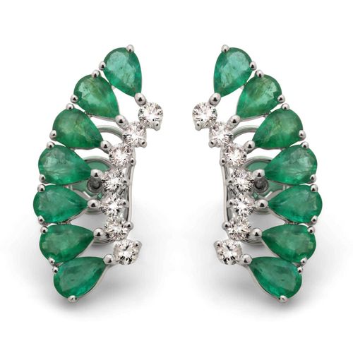 Par de Brinco em Ouro Branco 18k Ear Cuff com Esmeraldas e Diamantes 191488