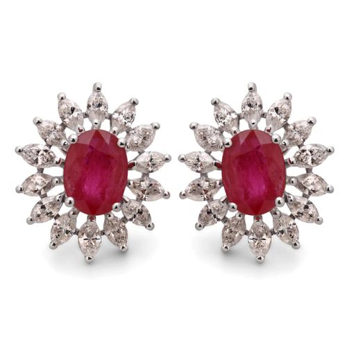 Par de Brinco em Ouro Branco 18k Flor com Rubis e Diamantes 191506