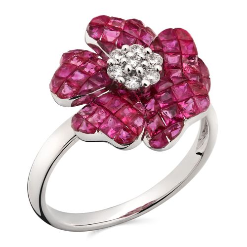 Anel em Ouro Branco 18k Flor com Rubis e Diamantes 191510
