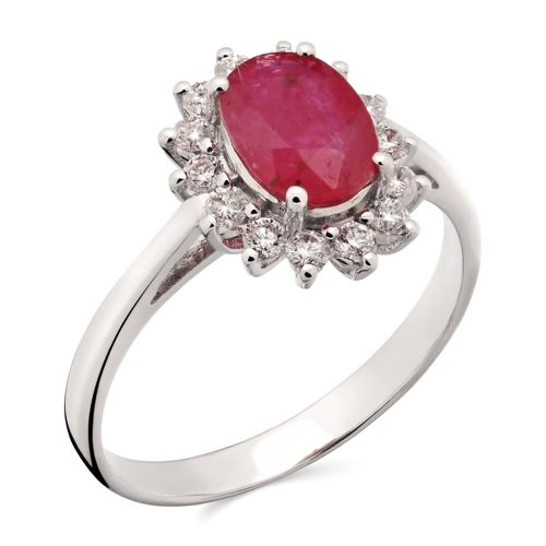 Anel em Ouro Branco 18k Oval com Rubi e Diamantes 191518