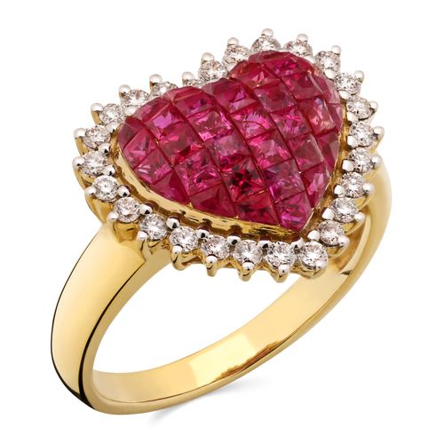 Anel em Ouro Amarelo 18k Coração Com Rubis e Diamantes 191523