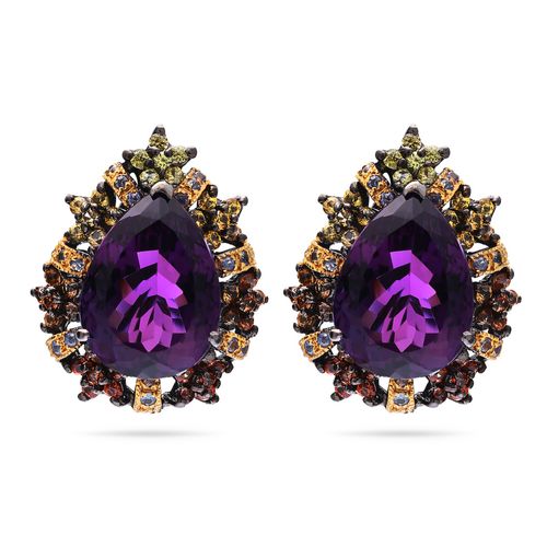 Par de Brinco Linha Premium em Prata 925 com Ametistas, Safiras Amarela e Safiras Azuis 194971