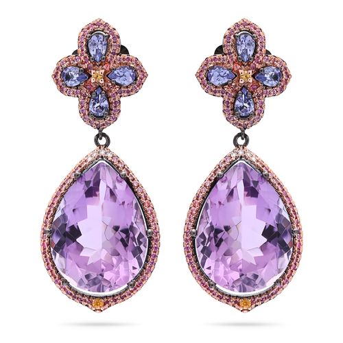 Par de Brinco Linha Premium em Prata 925 com Ametistas, Tanzânitas, Safiras Amarelas e Safiras Rosas 195122
