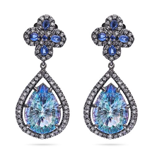 Par de Brinco Linha Premium em Prata 925 com Topázios Misticos, Safiras Azuis e Kianites 195178