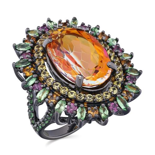 Anel Linha Premium em Prata 925 com Topázio Mistico,Granadas Verdes,Safiras Coloridas 195478