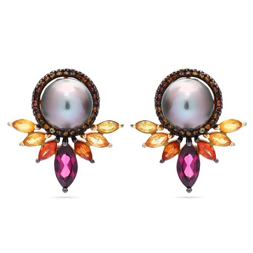 Par de Brinco Linha Premium em Prata 925 com Pérolas Cinzas, Safiras Laranjas e Rodolitas 195505