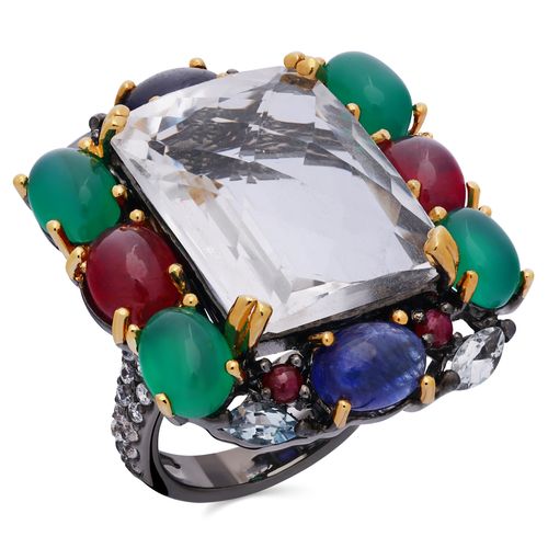 Anel Linha Premium em Prata 925 Com Topázios Brancos,Calcedônias, Águas Marinhas, Safiras Azuis, Zircônias 195506