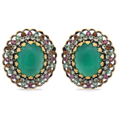 Par de Brinco Linha Premium em Prata 925 com Calcedônia Cabuchon,Granadas Verdes,Safiras Verdes,Turmalinas Coloridas 195507