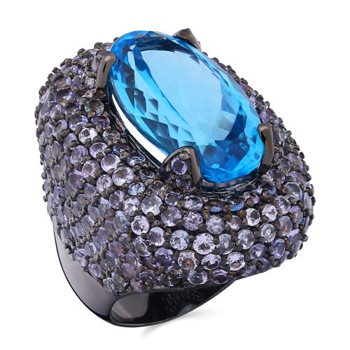 Anel Linha Premium em Prata 925 Com Topázios Azuis, Tanzanitas com Ródio Negro 195512