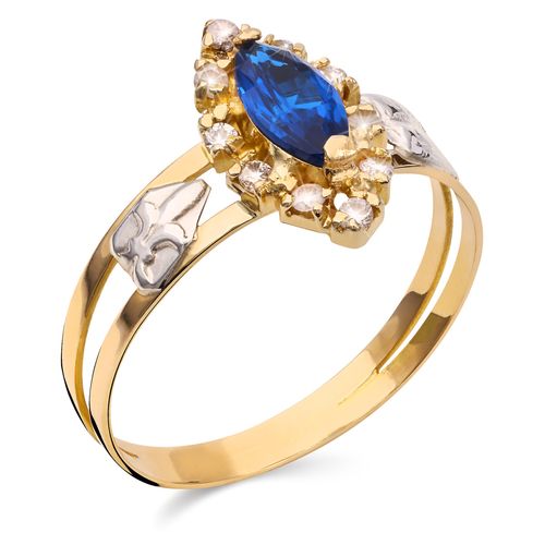 Anel Formatura em Ouro Amarelo 18k com Pedra Sintética Navete Azul 196656 Anel Formatura em Ouro Amarelo 18k com Pedra Sintética Navete Azul 196656
