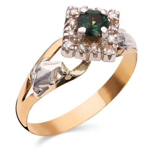 Anel Formatura em Ouro de Amarelo 18k com Pedras Sinteticas Verde e Brancas 196658 Anel Formatura em Ouro de Amarelo 18k com Pedras Sinteticas Verde e Brancas 196658