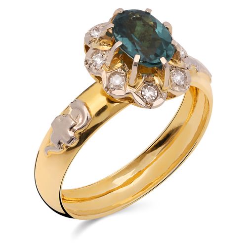 Anel em Ouro Amarelo 18k Formatura com Turmalina Verde e Diamantes 196694