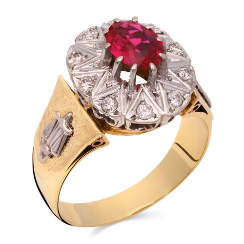 Anel em Ouro Amarelo 18k Formatura com Rubi e Diamantes 196697