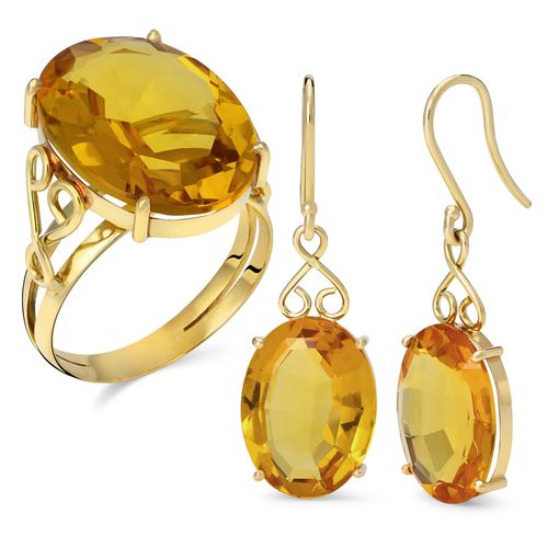 Par de Brincos e Anel Ouro Amarelo 18k com Citrinos Ovais 197039