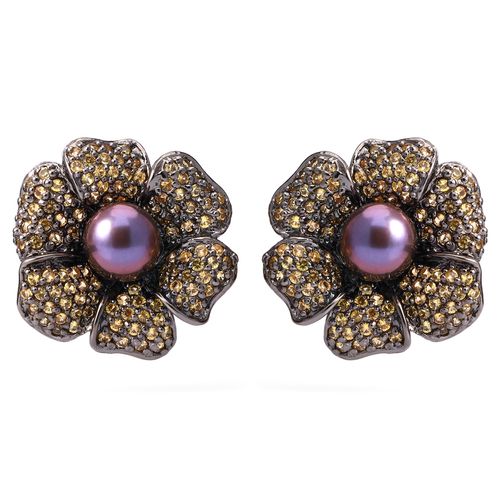 Par de Brinco Linha Premium em Prata 925 Flor com Perolas e Safiras Amarelas 198050