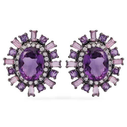 Par de Brinco Linha Premium em Prata 925 Com Ametistas e Safiras Rosas 198071