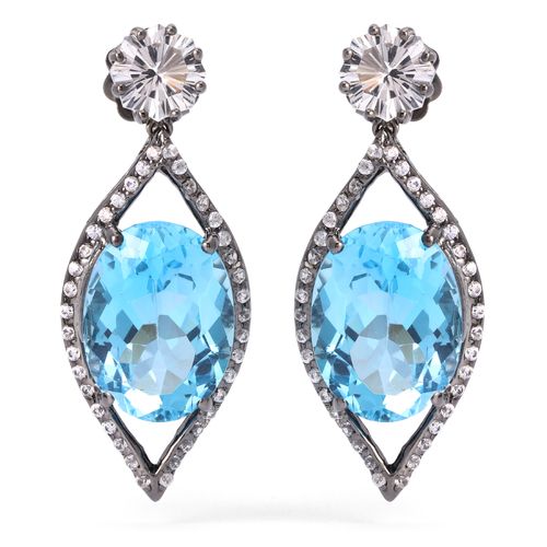 Par de Brinco Linha Premium em Prata 925 com Topazios Azuis e Topazios Brancos 198085