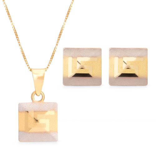 Par De Brinco e Pingente Quadrado em Ouro Amarelo 18k Com Detalhes Acetinados Em Ouro Branco 18k 154365