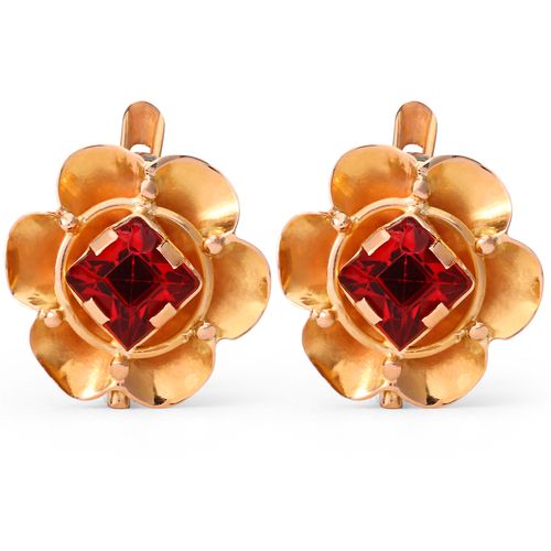 Par de Brincos em Ouro Rosé Florzinha com Pedra Sintética Vermelha Infantil 199461