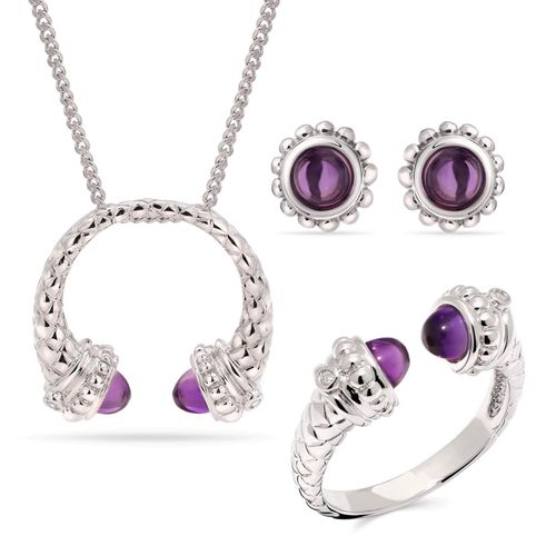 Anel, Brincoe Pingente em Prata 925 com Ametistas e Diamantes 119804