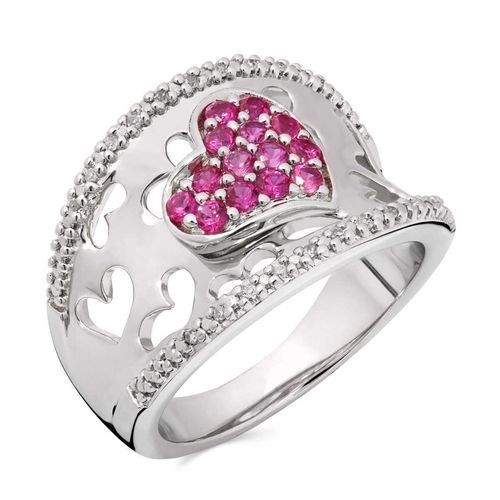 Anel em Prata 925 Coração com Rubis Man Made e Diamantes 119906