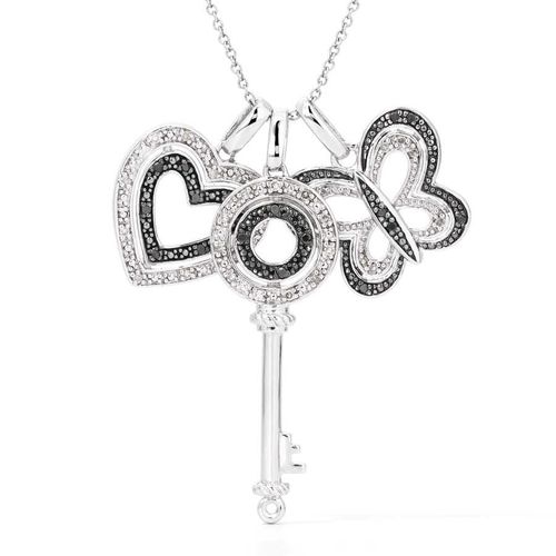 Kit em Prata 925 Pingentes de Chave, Borboleta e Coração com Diamantes Negros e Brancos 127430
