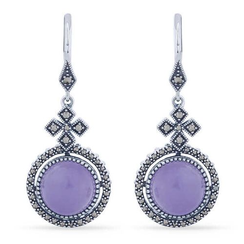 Par de Brinco em Prata 925 Redondo com Jade Lilás e Marcassitas 142770