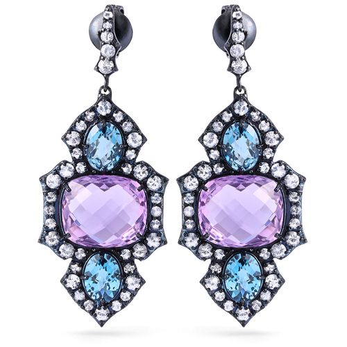 Par de Brinco Linha Setara em Prata 925 com Ametistas, Topázios Azuis e Topázios Brancos 144114