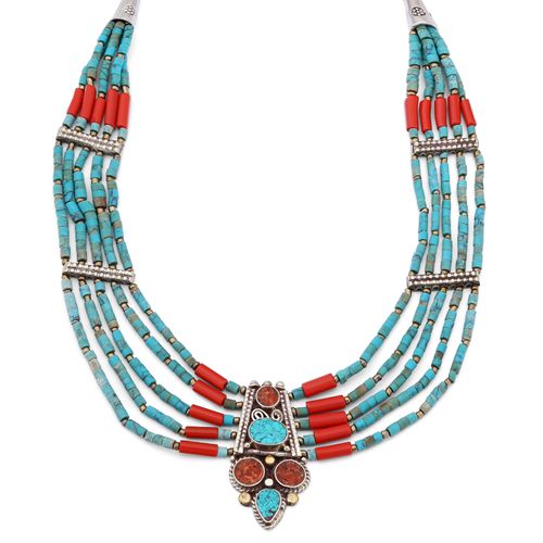 Colar Linha Nepal Com Turquesa e Coral 173369
