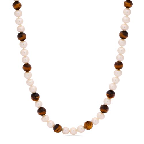 Colar em Pérolas Água Doce Brancas com Olho de Tigre 101481