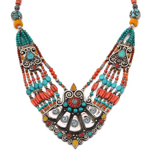 Colar Linha Nepal Com Turquesa, Coral e Jade 152990