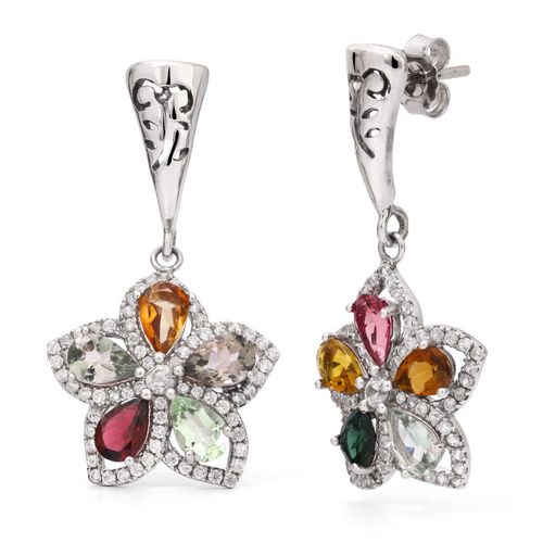 Par de Brinco em Prata 925 Floral com Turmalinas Coloridas e Zircônias 152744