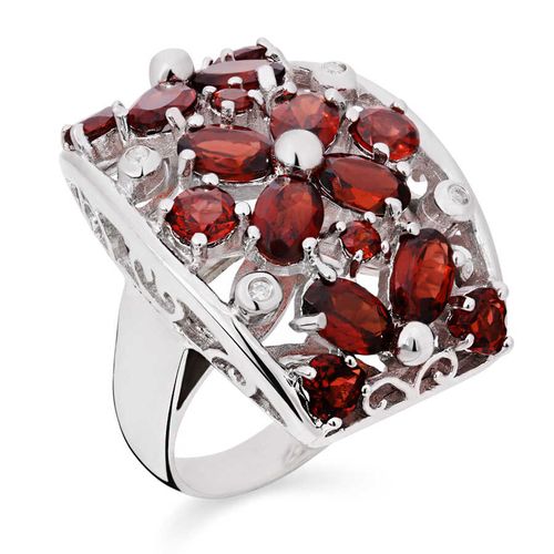 Anel em Prata 925 Floral com Granadas e Diamantes 174262 Anel em Prata 925 Floral com Granadas e Diamantes 174262