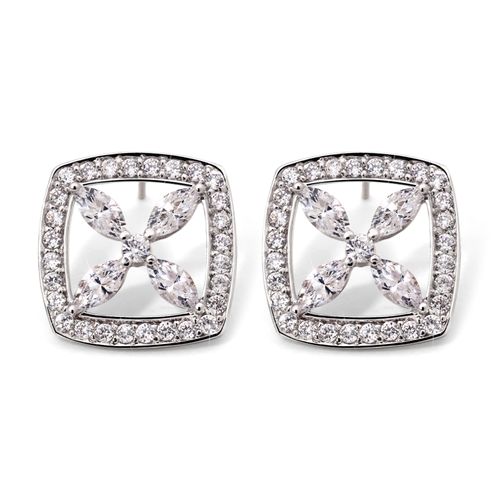 Par de Brinco em Prata 925 Quadrado e Flor com Zircônias 183525