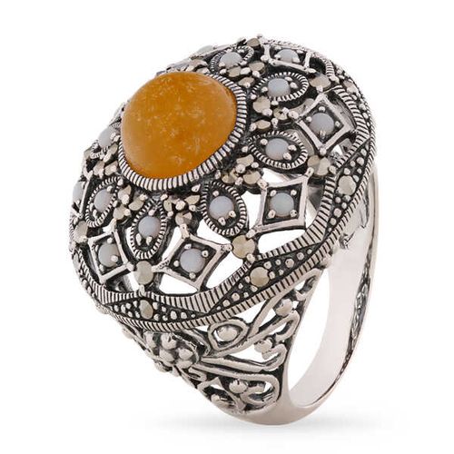 Anel em Prata 925 com Ágata Amarela, Opalas e Marcassitas 142794