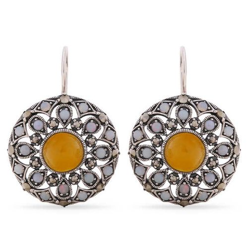 Par de Brinco em Prata 925 Redondo com Agata Amarela, Opalas e Marcassitas 142795