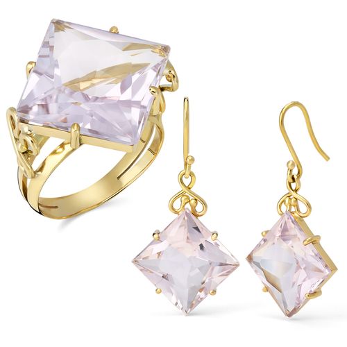 Par de Brinco e Anel de Ouro Amarelo 18k com Ametista Rose de France 197041