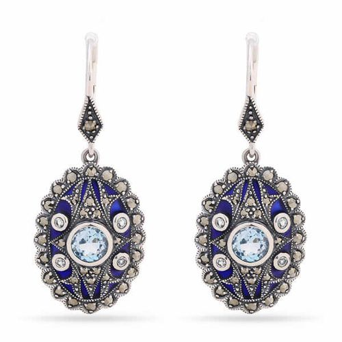 Par de Brinco em Prata 925 Oval com Topázios, Mina e Marcassitas 142701 Par de Brinco em Prata 925 Oval com Topázios, Mina e Marcassitas 142701