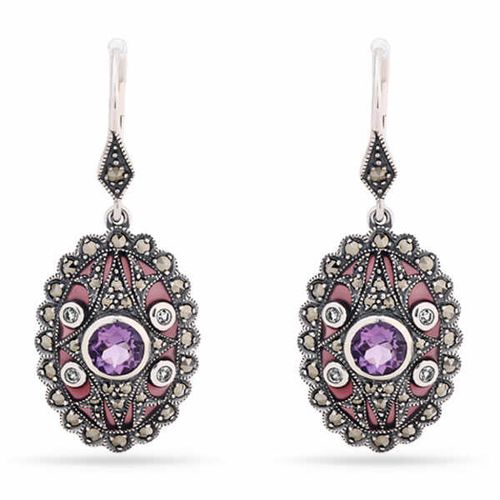 Par de Brinco em Prata 925 Oval com Ametistas, Topázios, Mina e Marcassitas 142698