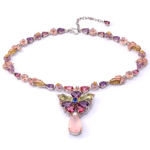 Colar Linha Premium em Prata 925 Borboleta com Quartzo Rosa e Mix de Pedras 198042