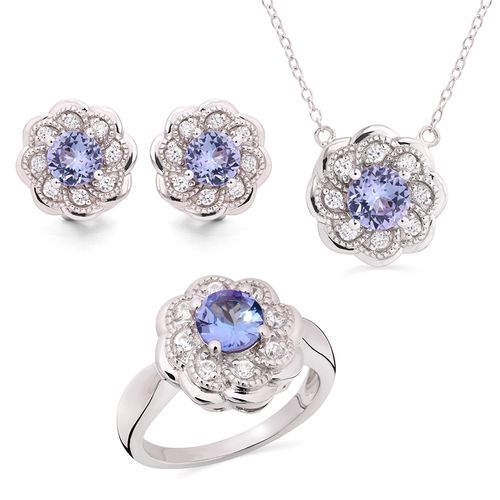 Conjunto de Prata 925 Flor com Tanzanitas 171357