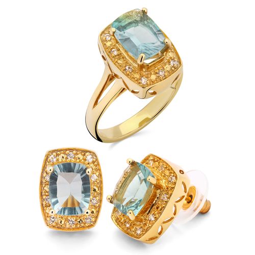 Anel e Par De Brincos em Prata 925 Fluorite  Verde Com Topázio Branco 170238