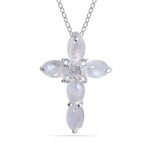 Pingente em Prata 925 Cruz com Pedra da Lua e Topázio Azul 129613