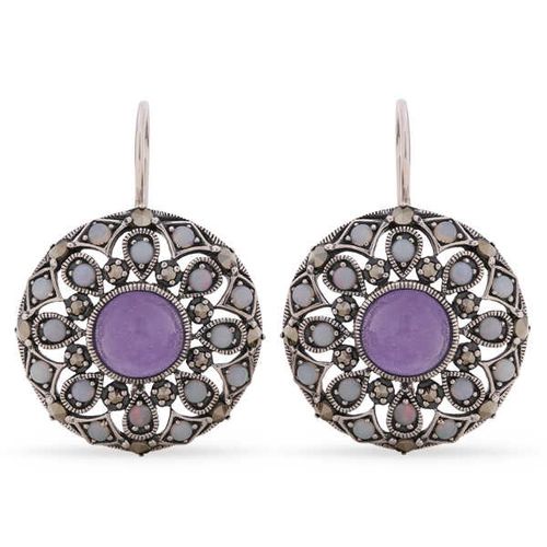 Par de Brinco em Prata 925 Redondo com Jade Lilas, Opalas e Marcassitas 142740