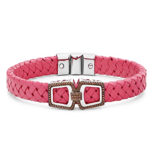 Bracelete Trançado de Couro e Prata 925 com Diamantes Vermelhos 154122