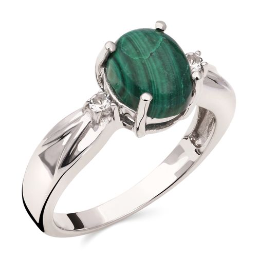 Anel em Prata 925 Com Malaquita Central e Topázios Brancos 163570