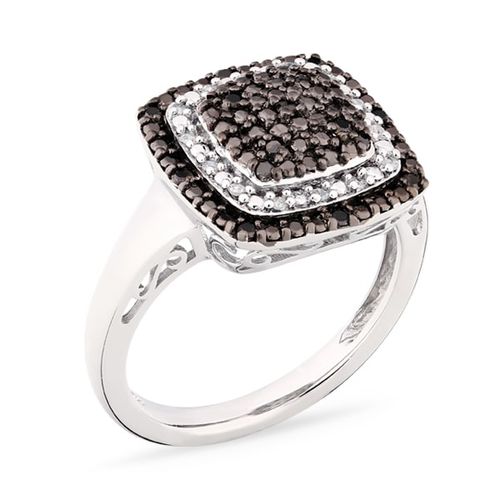 Anel em Prata 925 Quadrado com Diamantes Brancos e Negros 120634