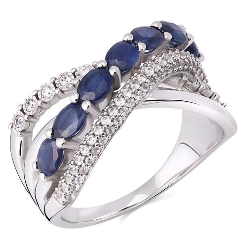 Meia Aliança em Prata 925 Trancado com Safiras Azuis e Zirconias Aprox. 1,75 cts 199380