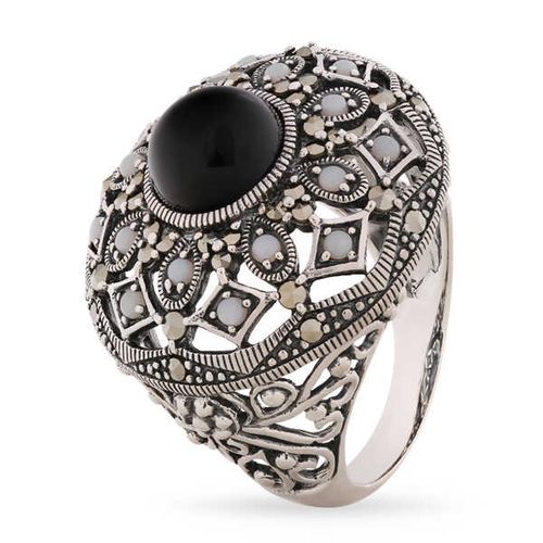 Anel em Prata 925 com Ônix, Opalas e Marcassitas 142798 Anel em Prata 925 com Ônix, Opalas e Marcassitas 142798